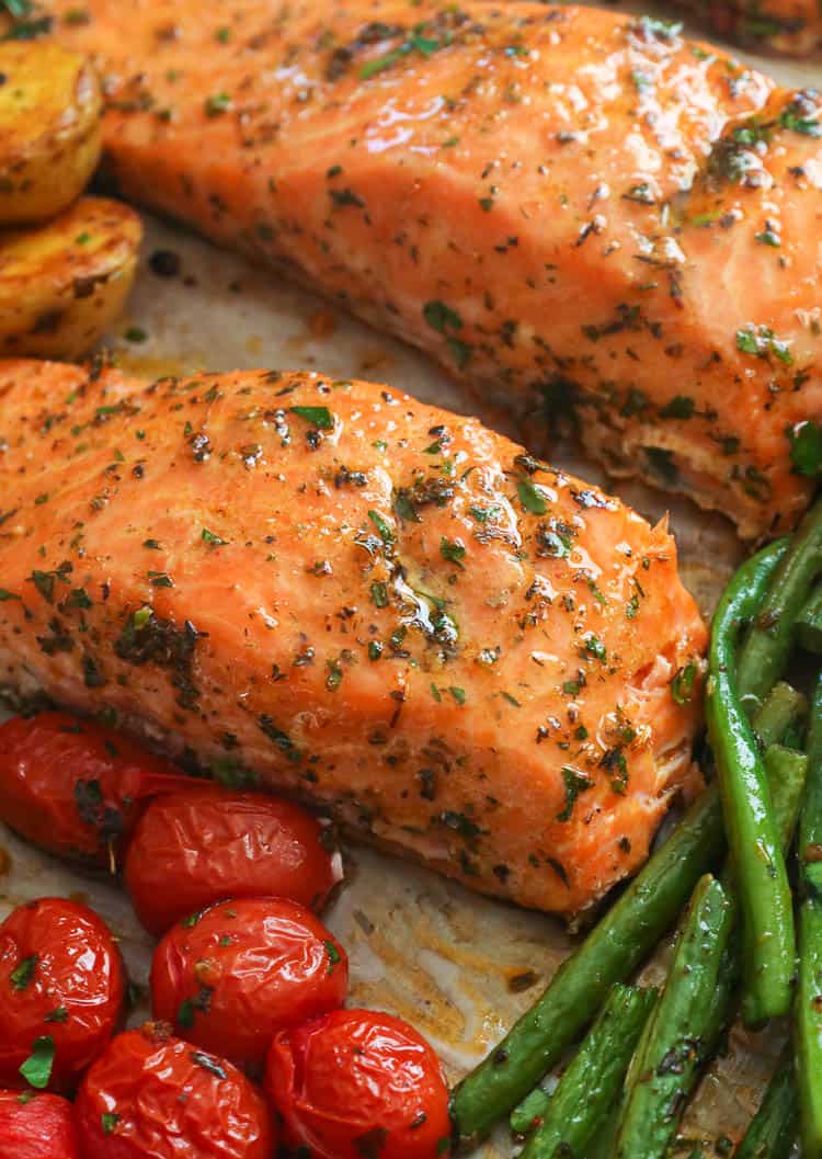 Healthy low carb recipes featuring Cajun Salmon One Sheet Pan 
