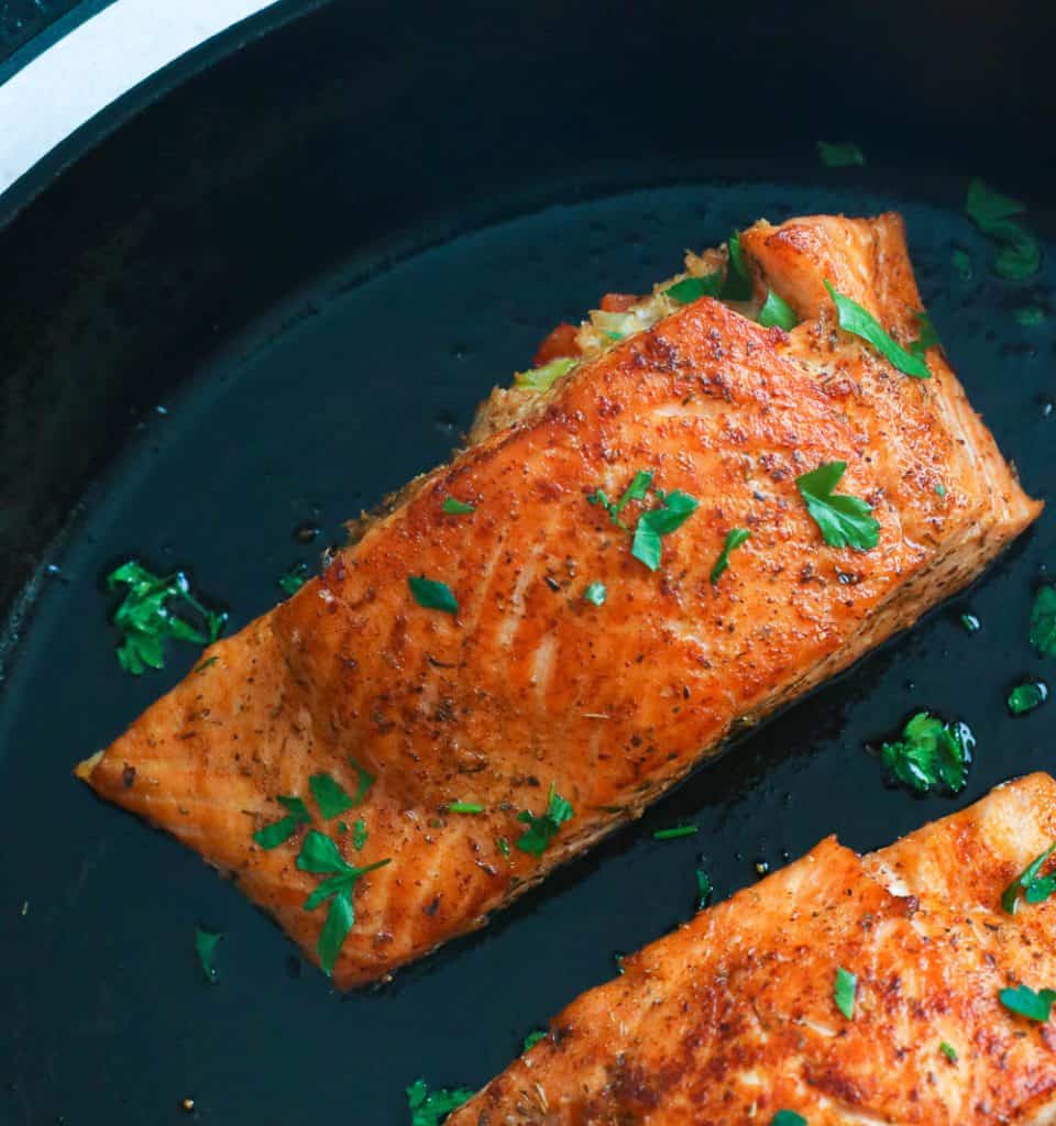 Crab Stuffed Salmon in a Skillet