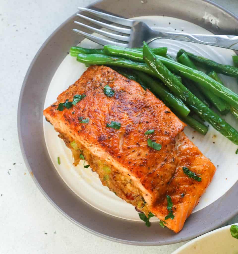Crab Stuffed Salmon with Beans