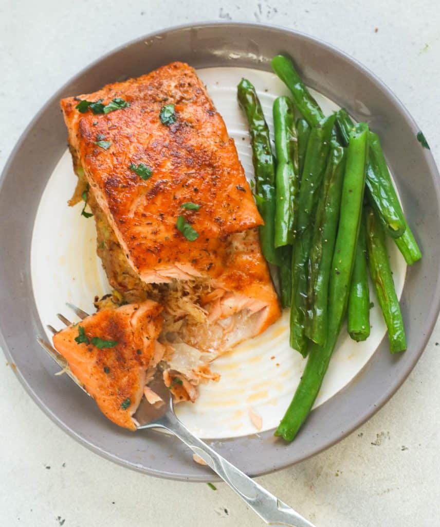 Crab Stuffed Salmon with String Beans on the Side