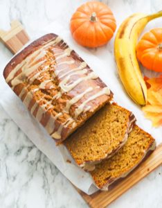 Pumpkin Banana Bread with fresh banana and baby pumpkins