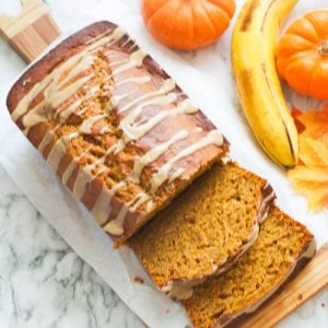 Pumpkin Banana Bread with fresh banana and baby pumpkins