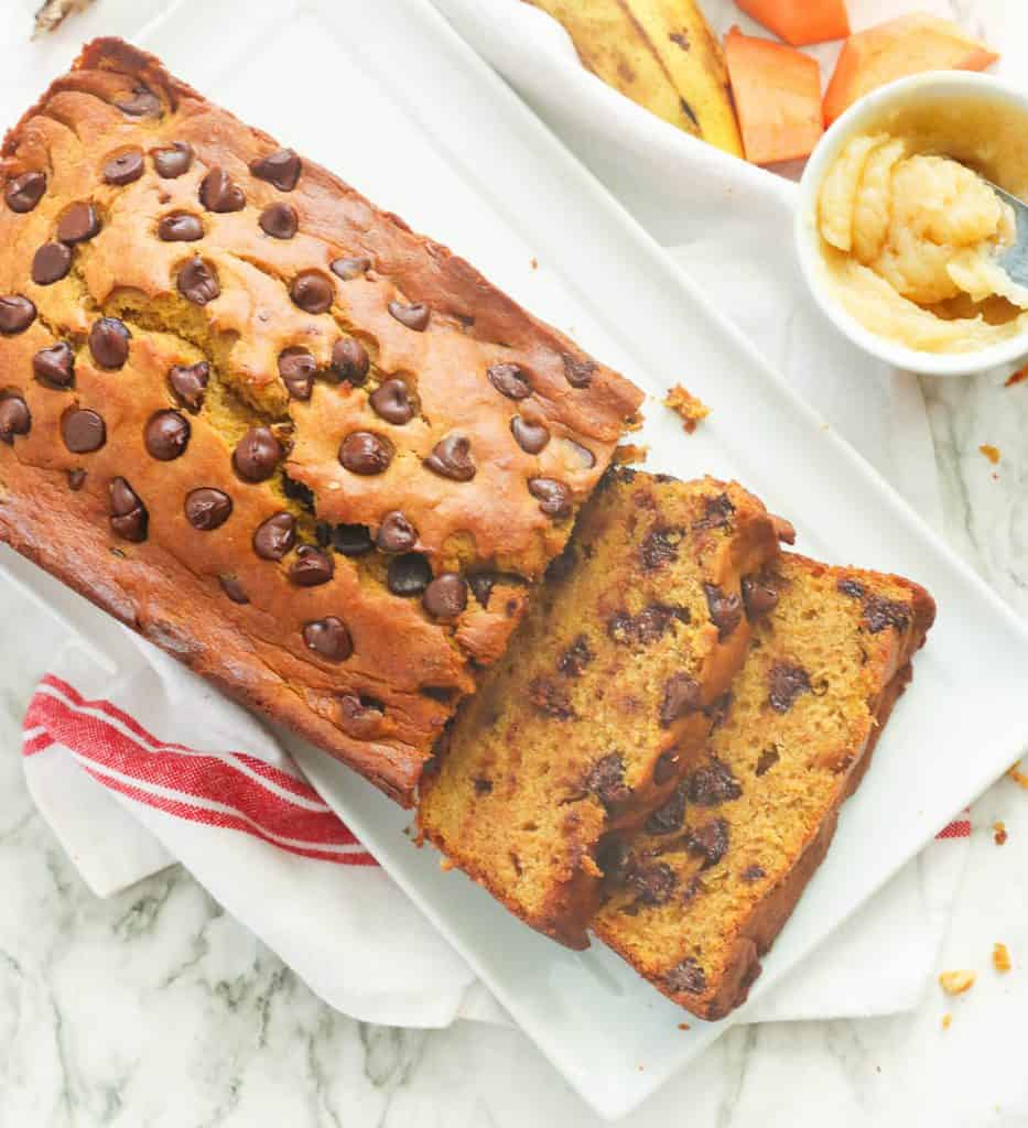 Pumpkin banana bread topped with chocolate chips