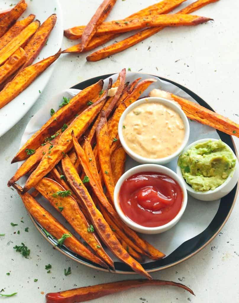 Cajun Baked Sweet Potato Fries with Three Dips