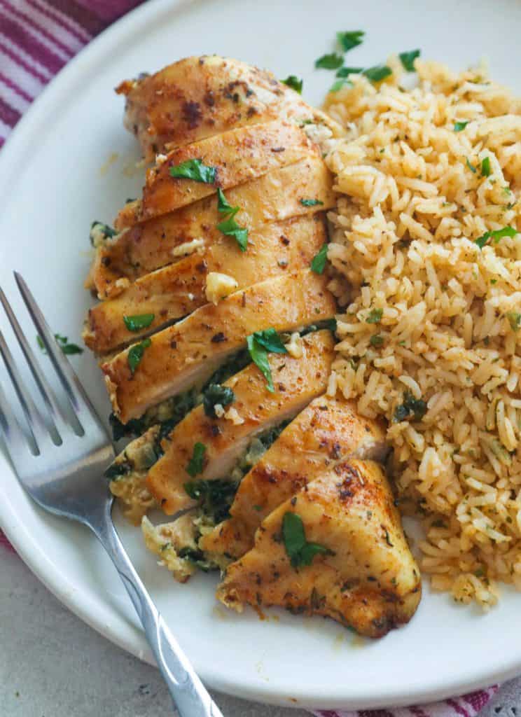 spinach stuffed chicken breast with seasoned rice