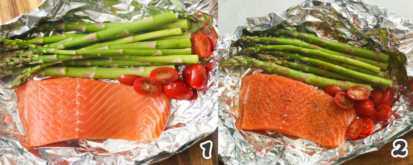 Preparing salmon and veggies in individual foil pack
