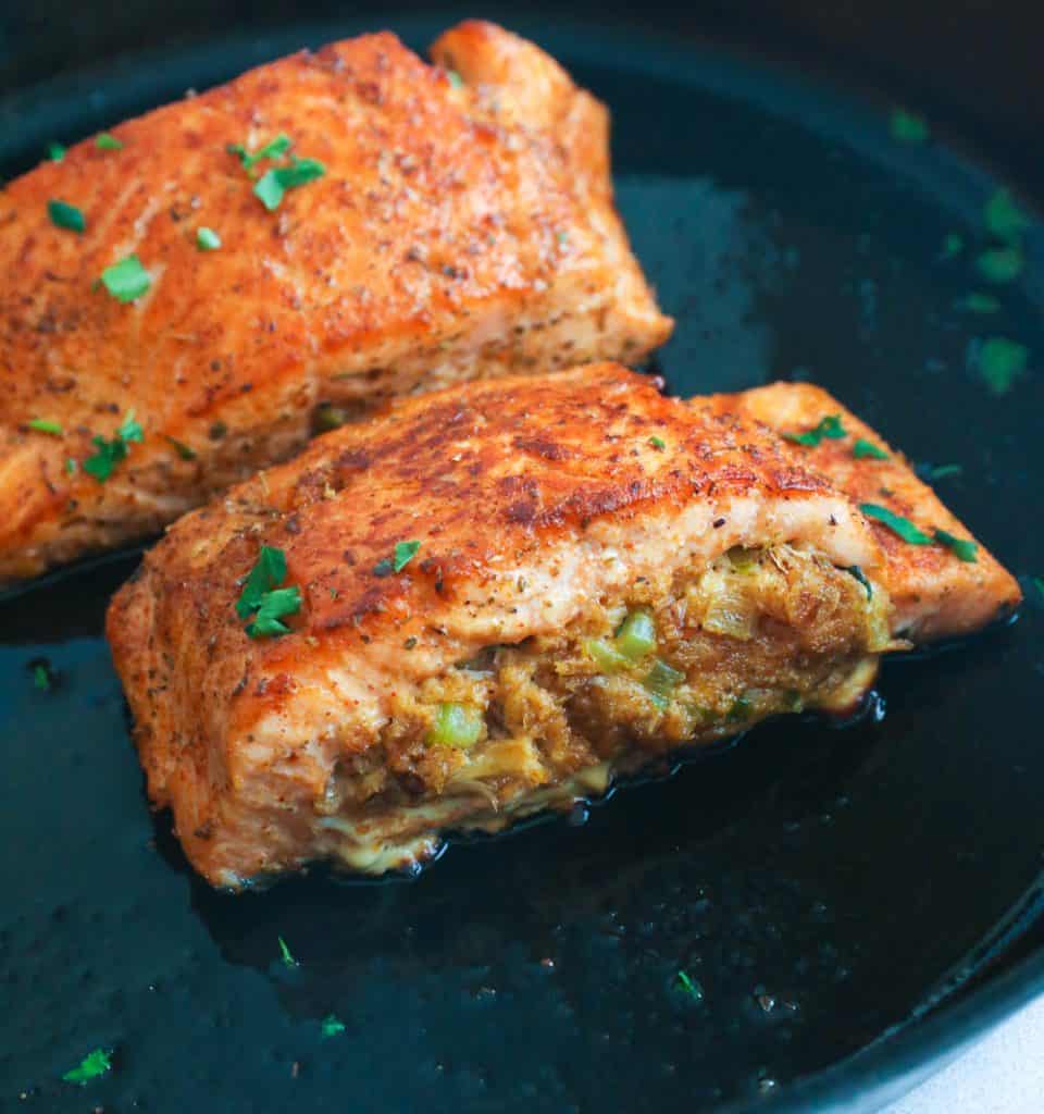 Crab Stuffed Salmon in Skillet