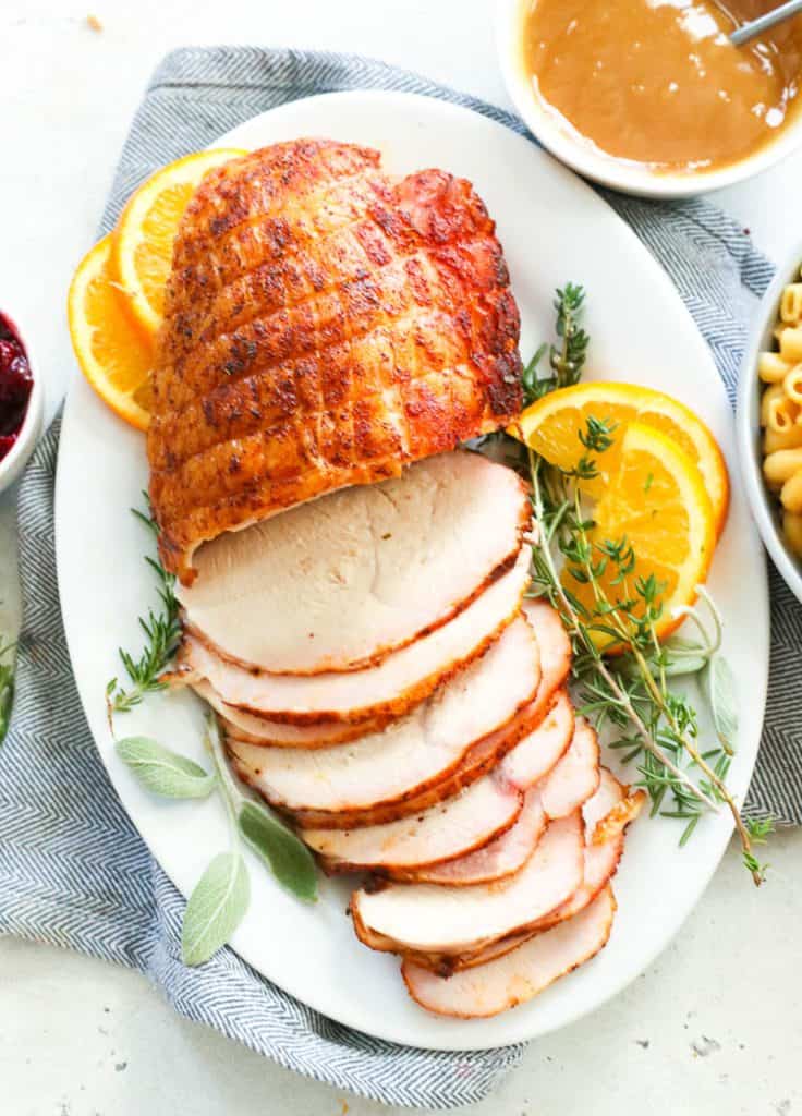 Overhead Shot of Sliced Smoked Turkey Breast on a Platter