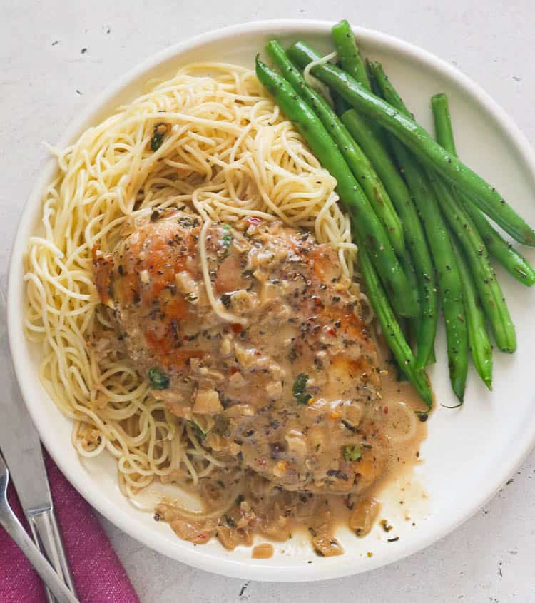 Creamy Balsamic Chicken Served on Pasta with Green Beans