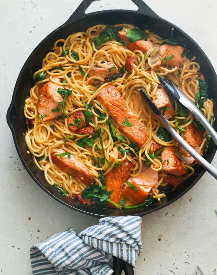 Salmon Pasta in a skillet