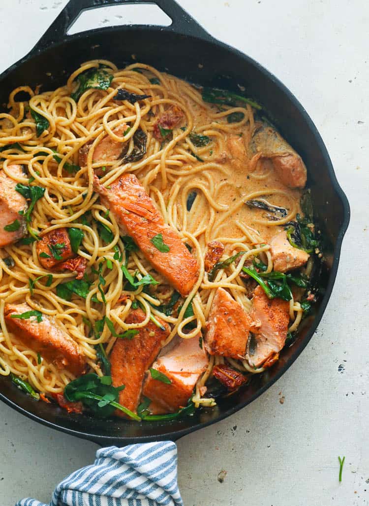 Cooked fresh salmon pasta ready