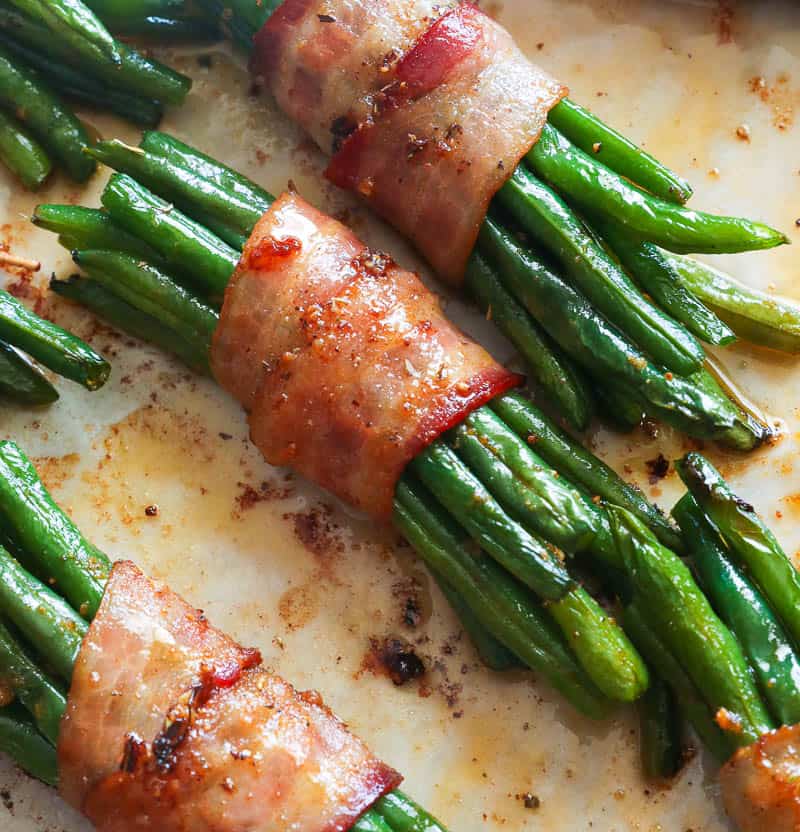 Bacon Wrapped Green Beans on a Baking Sheet