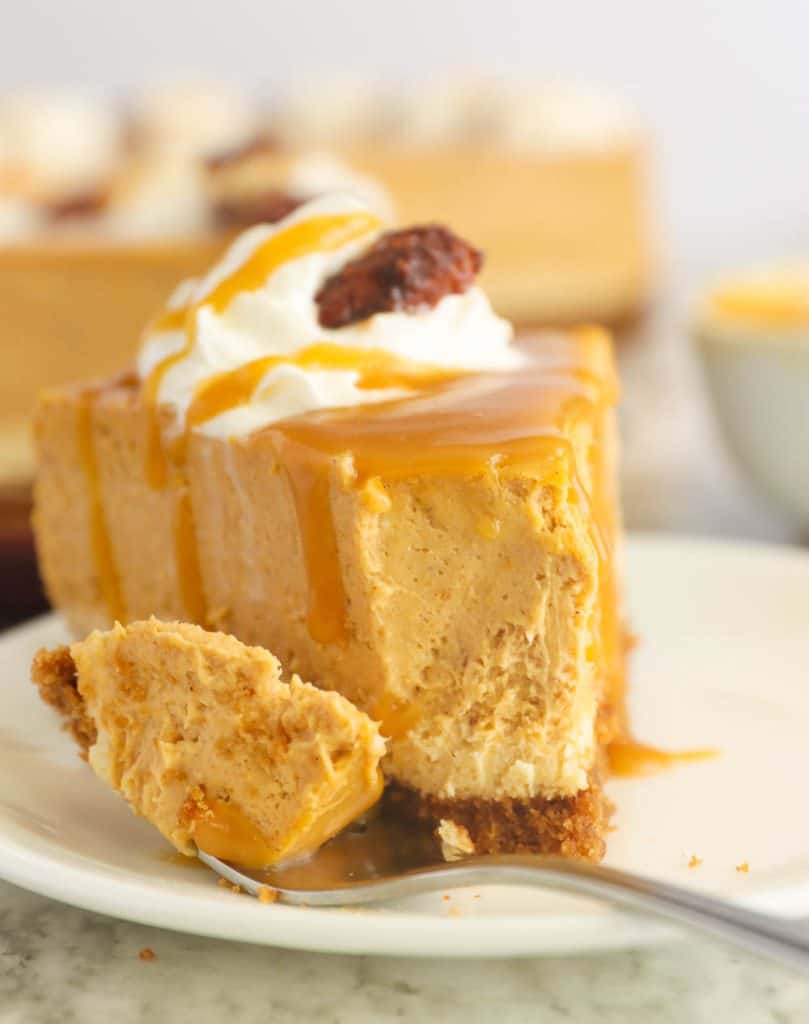 A Slice of Pumpkin Cheesecake Drizzle with Caramel Sauce