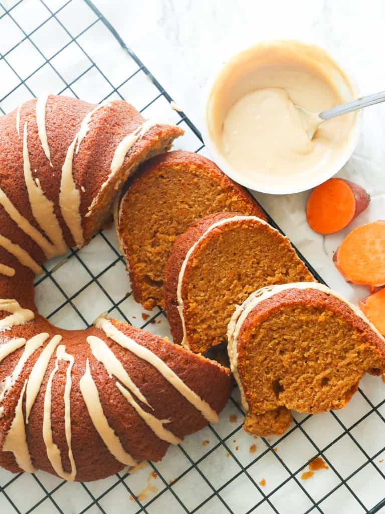 Sliced Sweet Potato Pound Cake with a Drizzle