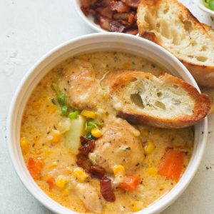 Chicken Corn Chowder with Garlic Bread