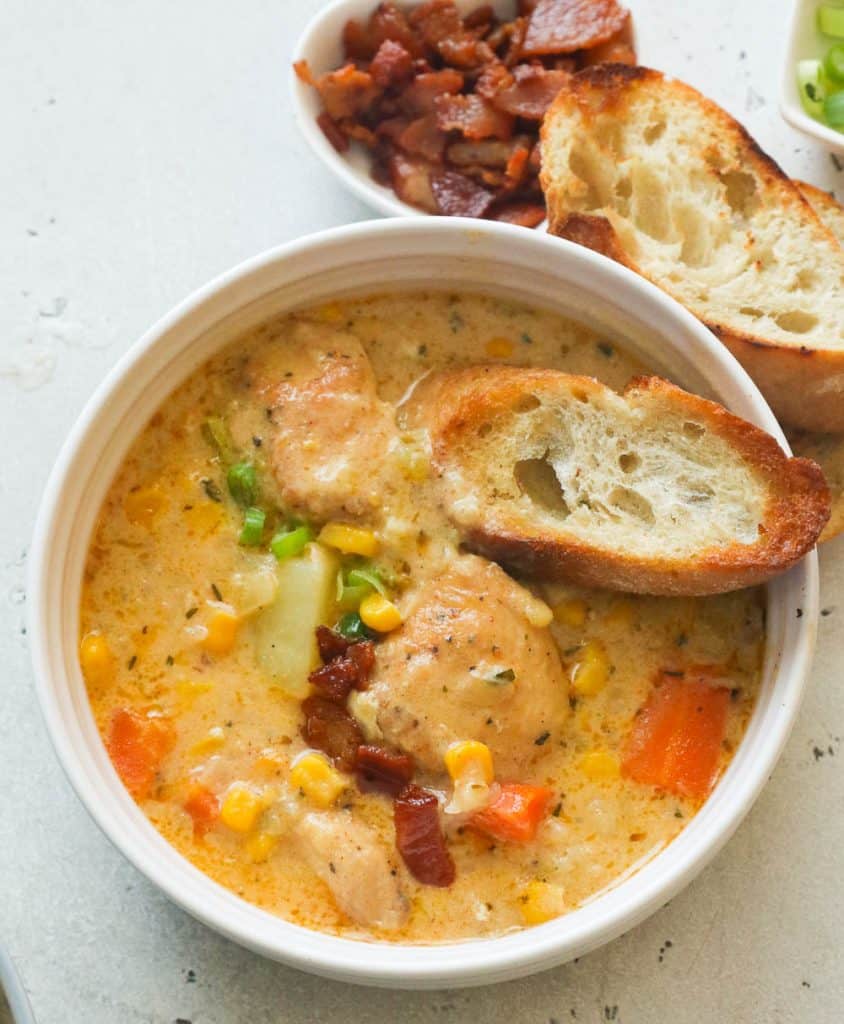 Chicken Corn Chowder with Garlic Bread