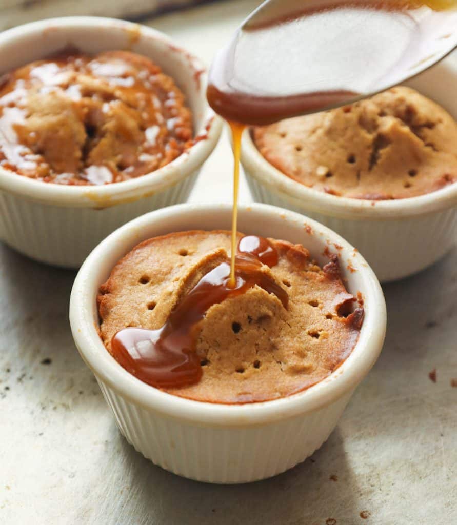 Homemade Butterscotch Sauce Poured Over on Freshly Baked Toffee Pudding