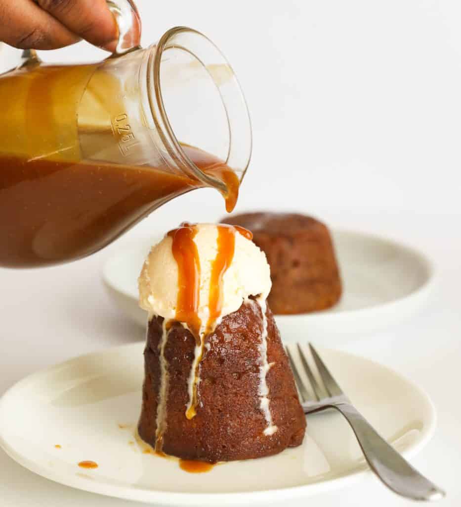 Sticky Toffee Pudding Topped with Vanilla Ice Cream and Butterscotch Sauce