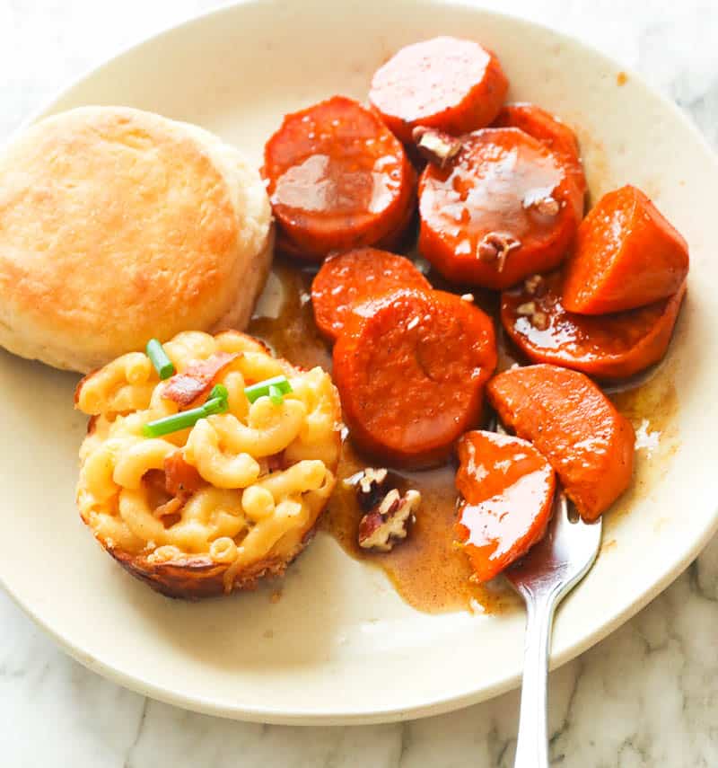 Candied Yams Served with Biscuit and Mac and Cheese Bite