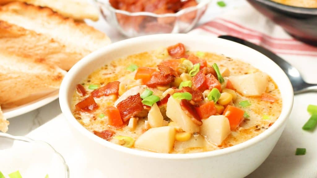 Side Shot of Chicken Corn Chowder in a White Bowl