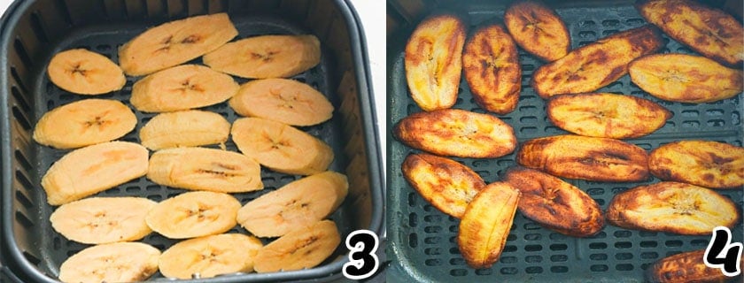 Air frying the sliced plantains