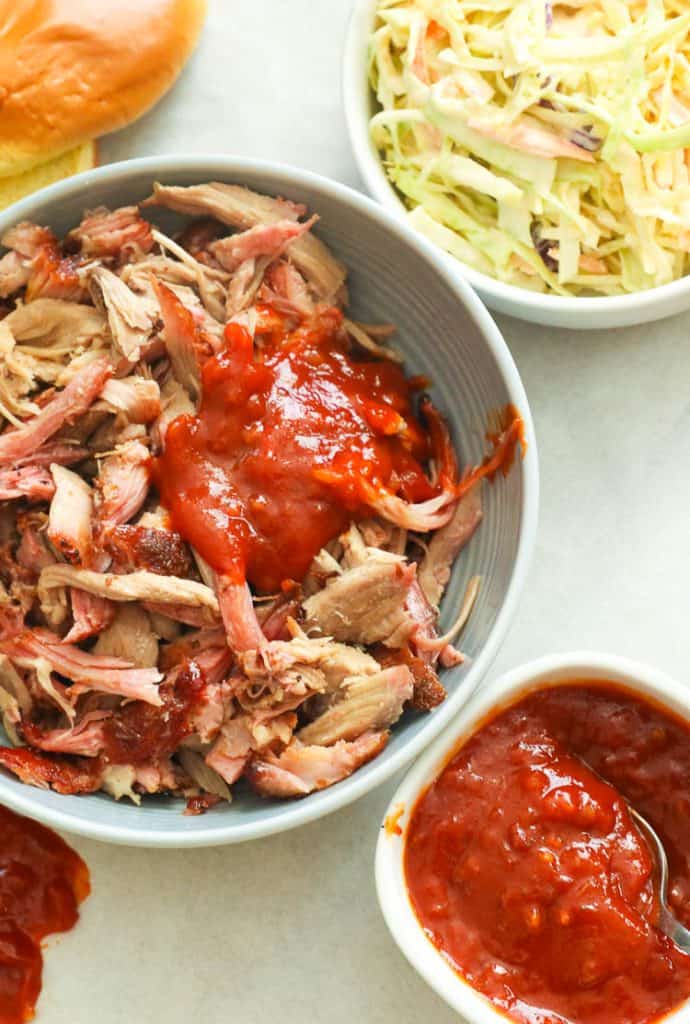Pulled Pork in a Bowl Topped with BBQ Sauce
