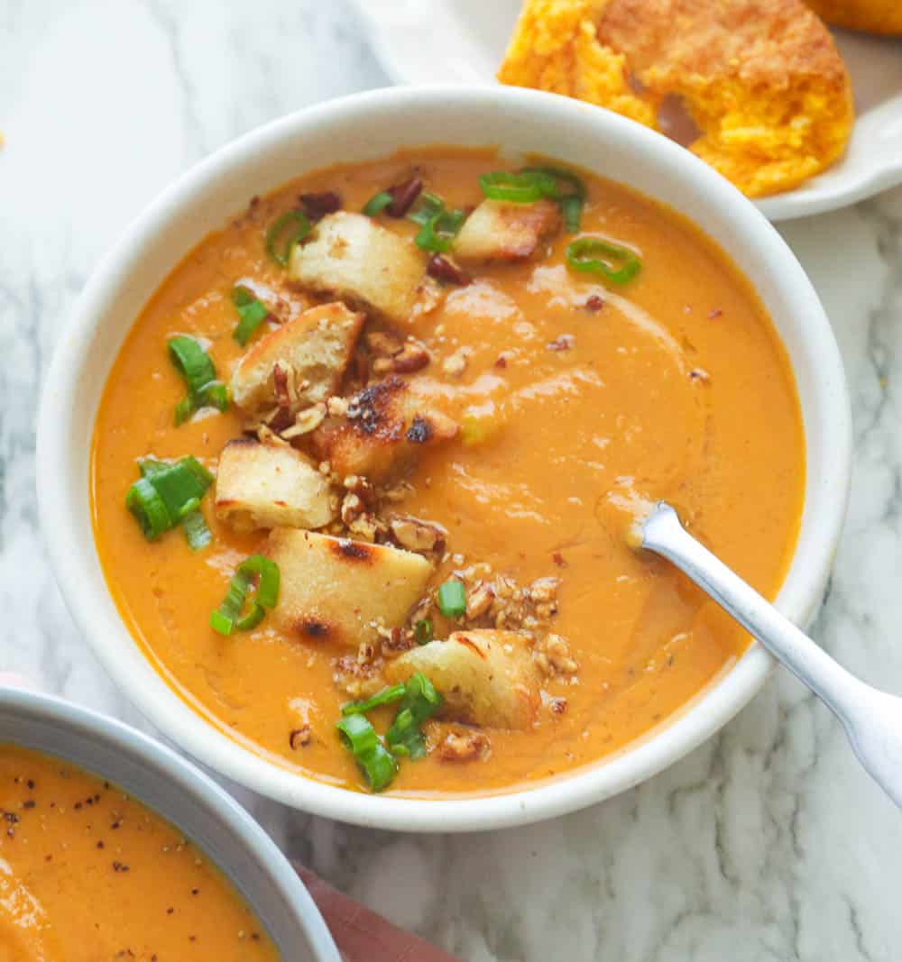 A bowl full of homemade sweet potato soup