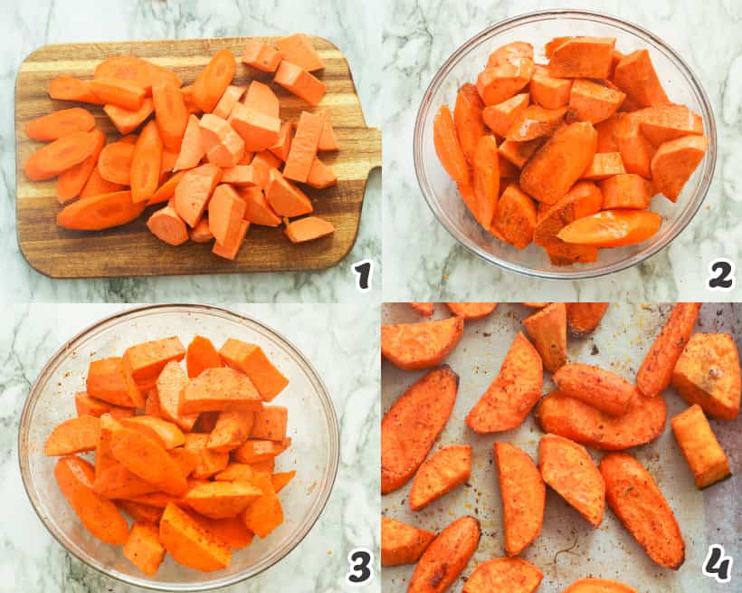 Tossing the carrots and sweet potatoes in seasoning