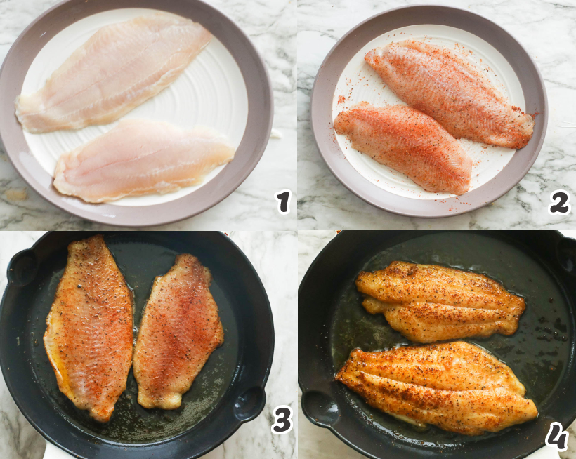 seasoning and frying the catfish fillets in a skillet