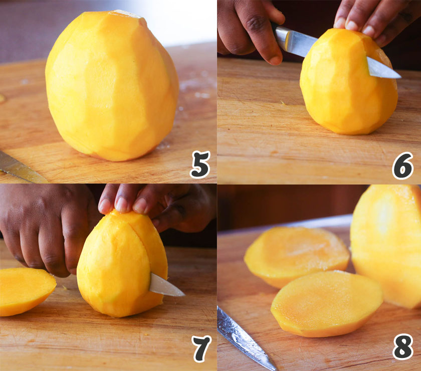 Slicing the peeled mango