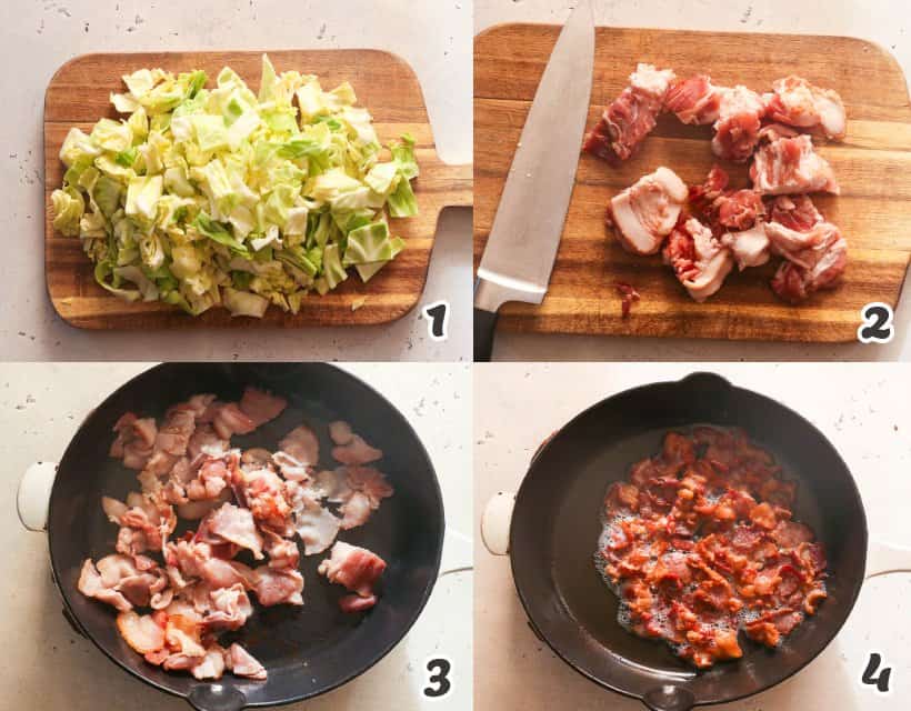 chopping the cabbage and preparing the bacon