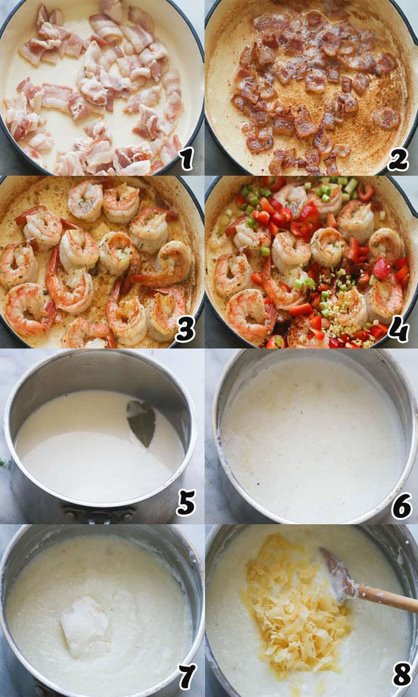 step-by-step process on how to cook the Cajun shrimp in a skillet and the grits in a pot