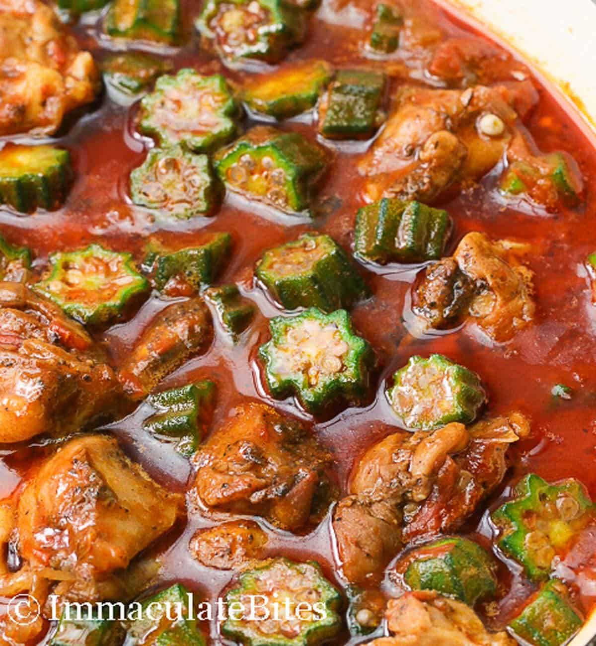 closeup shot of okra stew in a pan