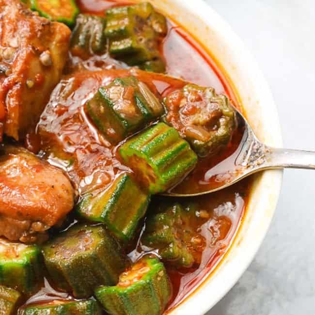 a big white bowl of okra stew