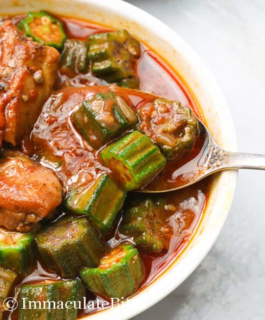 a big white bowl of okra stew