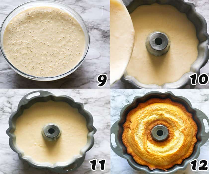pouring the hot milk cake batter into a bundt pan and baking it