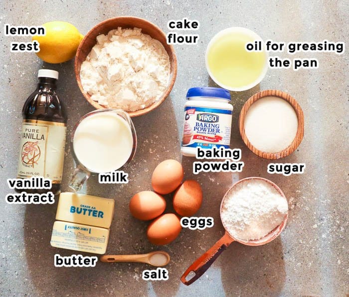 hot milk cake ingredients laid on the countertop