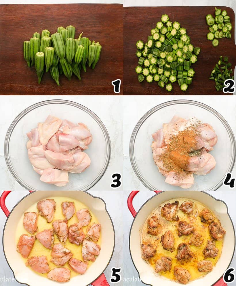 preparing the okra and cooking the chicken for okra stew