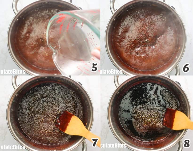 Boiling water and sugar until it becomes beautifully dark