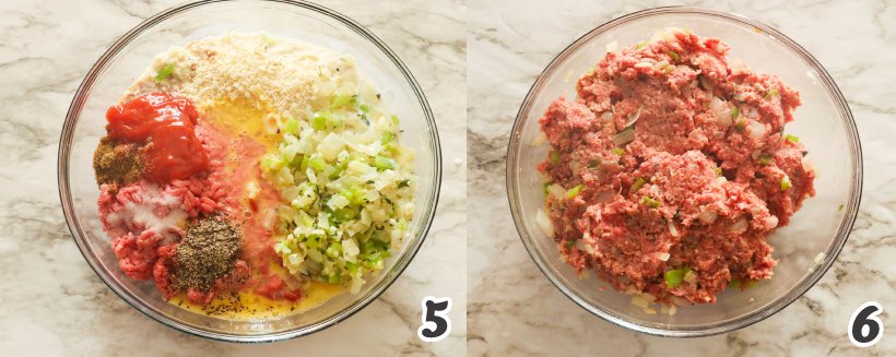 Mixing the seasoning, bread crumbs, veggies, and ground beef in a clear glass bowl