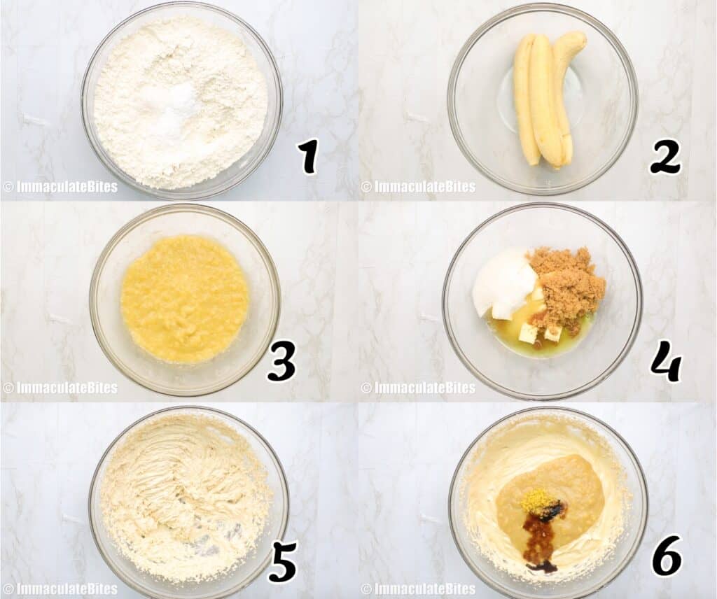 Mixing the dry ingredients, wet ingredients, bananas, and flavoring