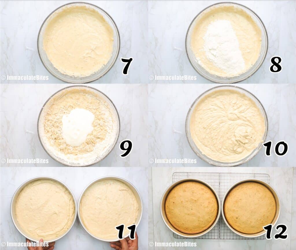 Mixing dry and wet ingredients together, dividing batter, and baking