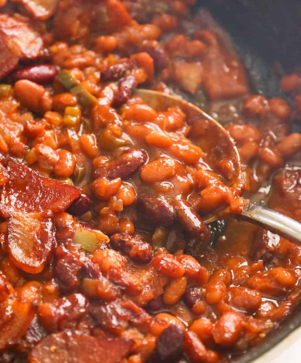 Saucy Southern Baked Beans with Bacon in a Skillet