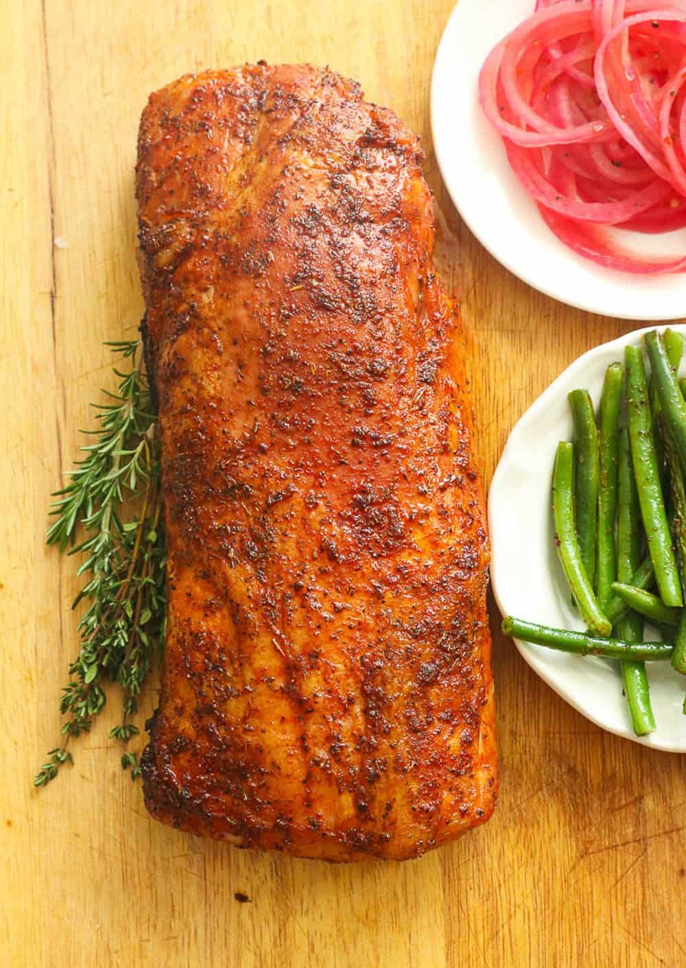 Smoked Pork Loin Served with Tomato Slices and Green Beans