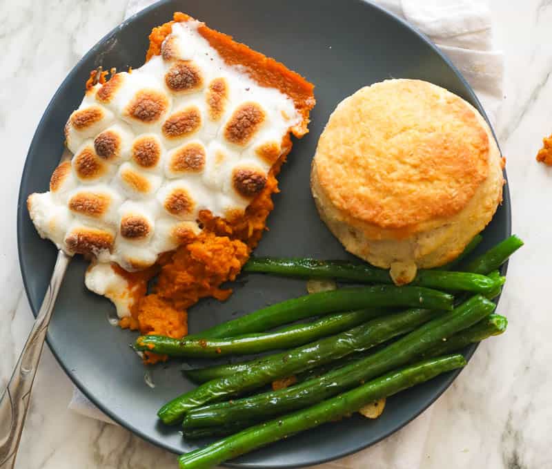 Sweet Potato Casserole with green beans and biscuit