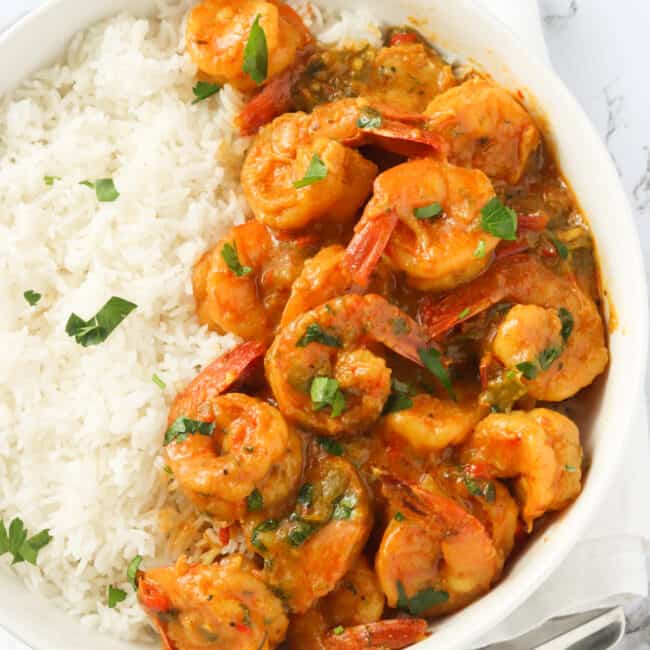A Bowl of Jamaican Curry Shrimp Served with Rice