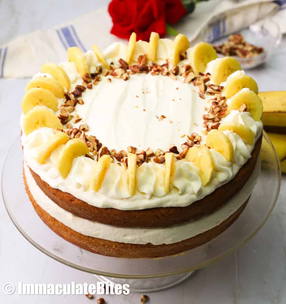 Finished, frosted, and decorated banana cake