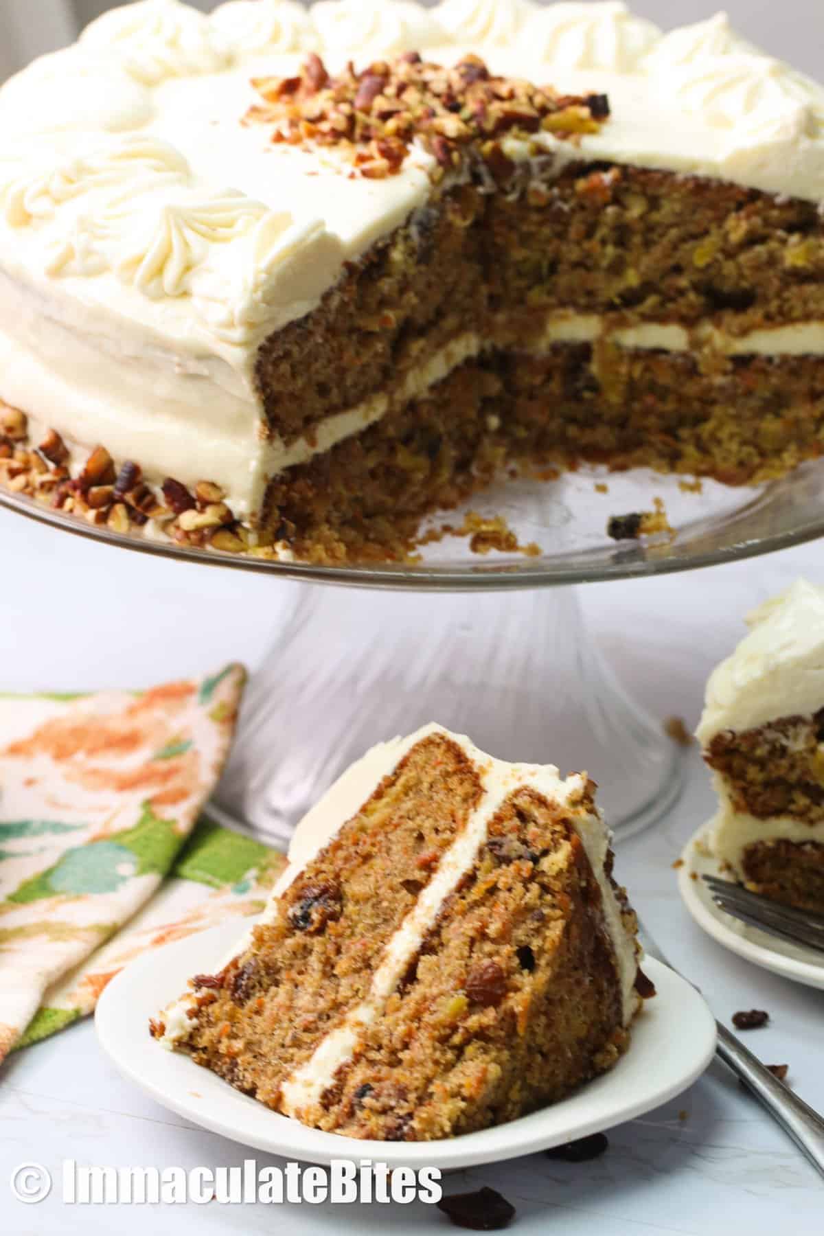 Pineapple Carrot Cake with a slice served on a white plate
