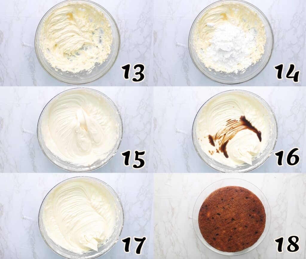 Making the cream cheese frosting and getting ready to ice the cake