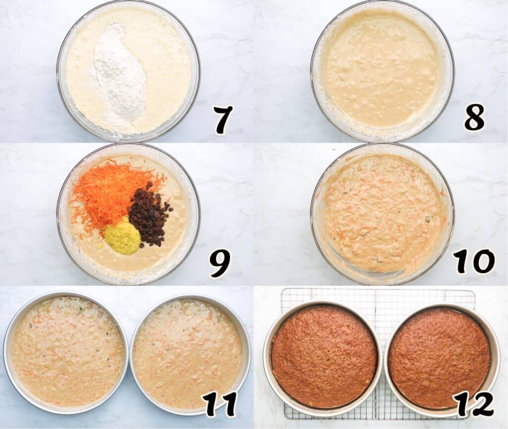 Adding the pineapple and carrots, then baking